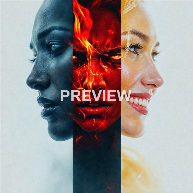 The image features three close-up profiles of women's faces with the left and right sides showing natural, smiling women with different skin tones, while the center shows a woman with a fiery, intense expression and flames on her face.